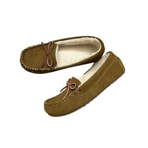 Brown Suede Faux Fur Lined Moccasin Slippers, Size 6, Lounge House Shoes, Loafer